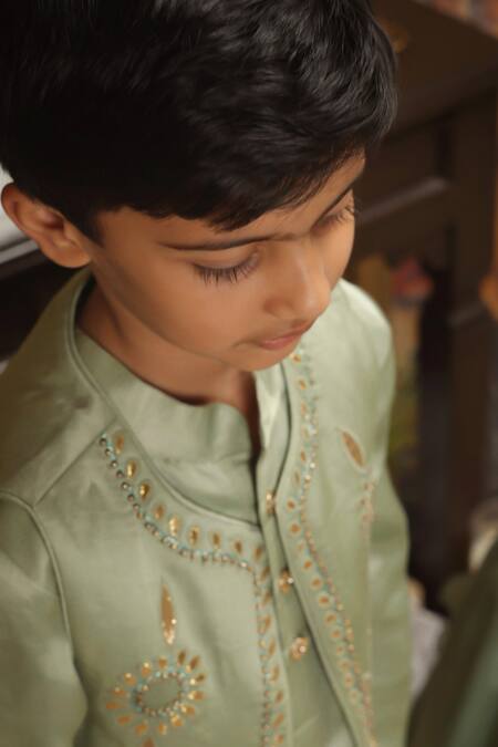 Rang By Les Petits_Green Cotton Embroidery, Sequins Kurta Set_Online_at_Aza_Fashions