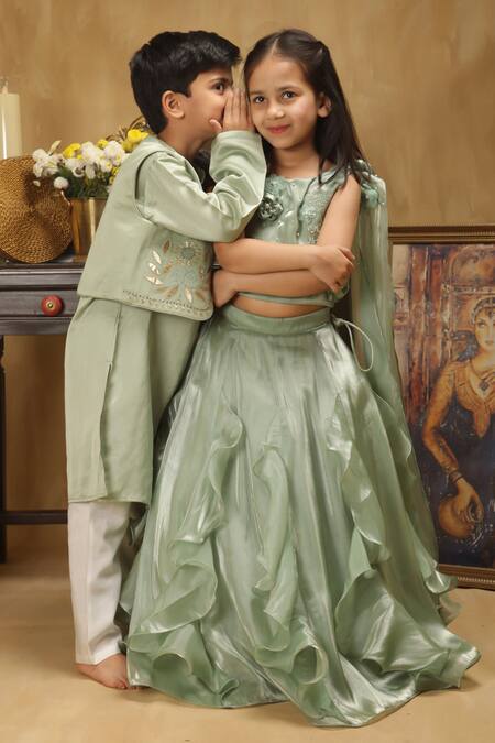 Shop_Rang By Les Petits_Green Cotton Embroidery, Sequins Kurta Set_Online_at_Aza_Fashions