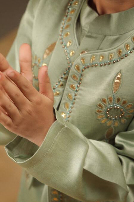 Rang By Les Petits_Green Cotton Embroidery, Sequins Kurta Set_at_Aza_Fashions