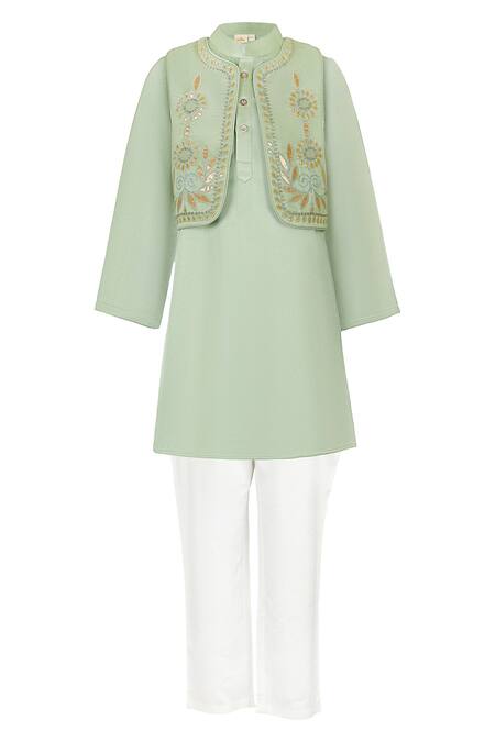 Buy_Rang By Les Petits_Green Cotton Embroidery, Sequins Kurta Set