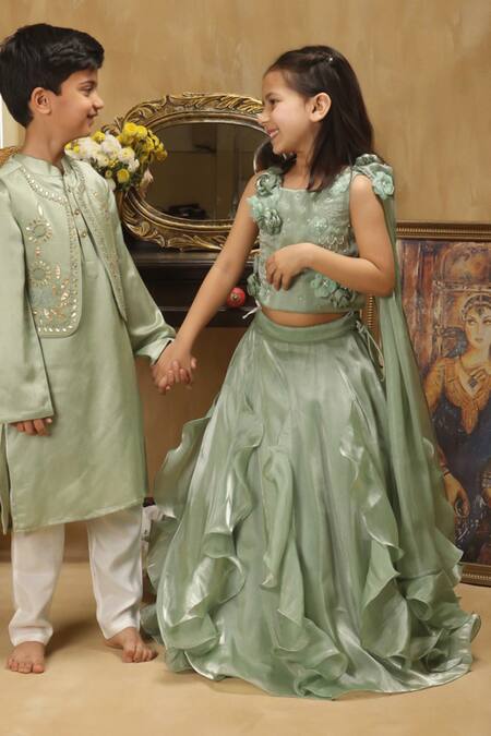 Rang By Les Petits_Green Satin, Net Applique, Embroidery Ruffle Lehenga Set_Online_at_Aza_Fashions