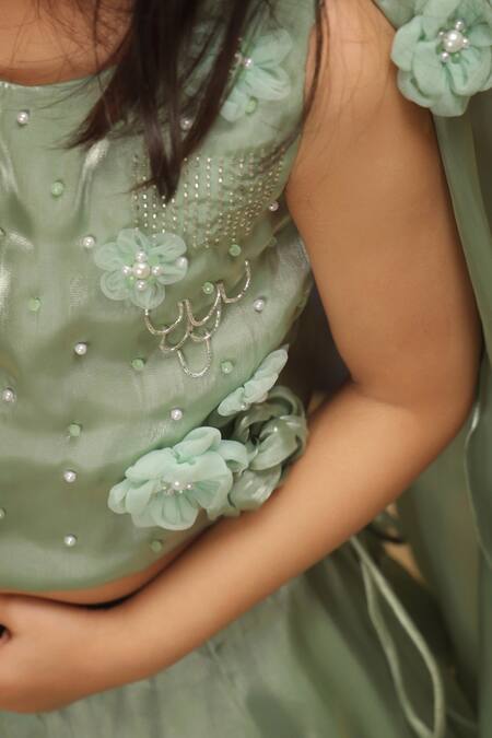 Buy_Rang By Les Petits_Green Satin, Net Applique, Embroidery Ruffle Lehenga Set_Online_at_Aza_Fashions