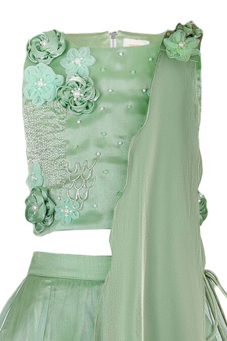 Shop_Rang By Les Petits_Green Satin, Net Applique, Embroidery Ruffle Lehenga Set_Online_at_Aza_Fashions