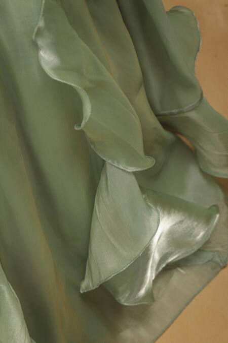 Rang By Les Petits_Green Satin, Net Applique, Embroidery Ruffle Lehenga Set_at_Aza_Fashions