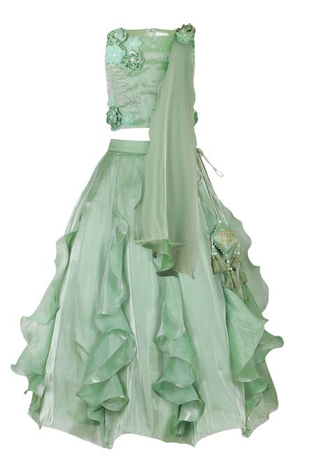 Buy_Rang By Les Petits_Green Satin, Net Applique, Embroidery Ruffle Lehenga Set