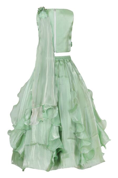 Shop_Rang By Les Petits_Green Satin, Net Applique, Embroidery Ruffle Lehenga Set