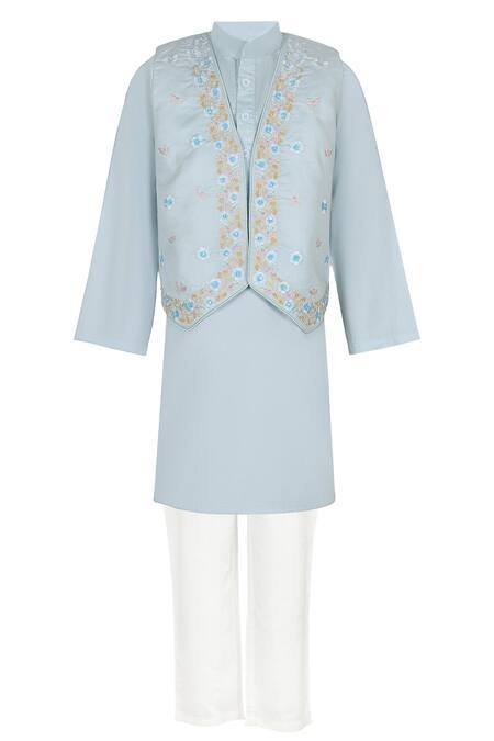 Buy_Rang By Les Petits_Blue Cotton Embroidery Wisteria Botanical Kurta Pant Set_Online_at_Aza_Fashions