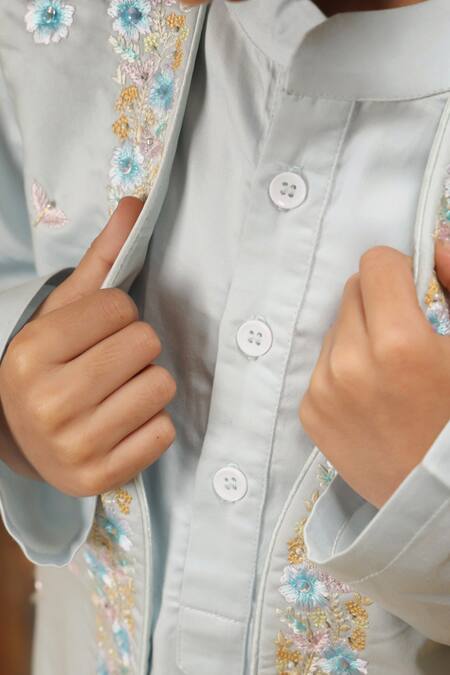 Shop_Rang By Les Petits_Blue Cotton Embroidery Wisteria Botanical Kurta Pant Set_Online_at_Aza_Fashions