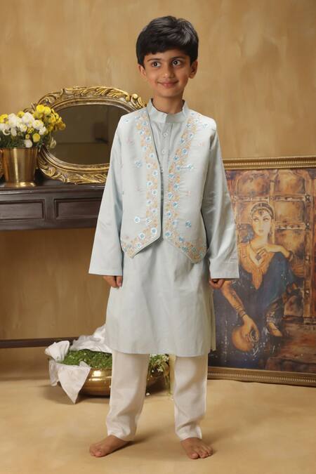 Rang By Les Petits_Blue Cotton Embroidery Wisteria Botanical Kurta Pant Set_at_Aza_Fashions