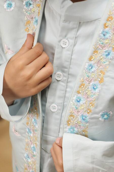 Buy_Rang By Les Petits_Blue Cotton Embroidery Wisteria Botanical Kurta Pant Set