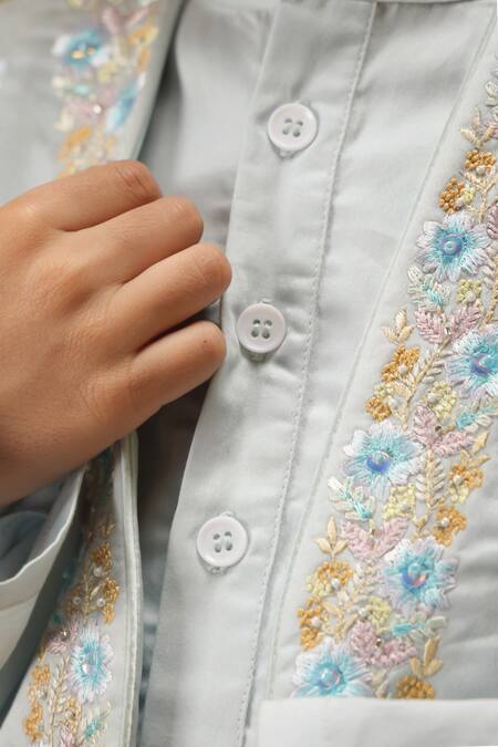 Shop_Rang By Les Petits_Blue Cotton Embroidery Wisteria Botanical Kurta Pant Set