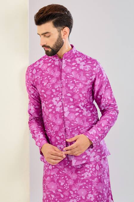 Shreyansh Designs_Pink Chanderi Silk Floral Print Bundi Set _Online_at_Aza_Fashions