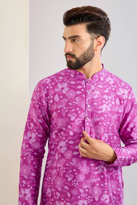 Shreyansh Designs_Purple Chanderi Silk Floral Print Kurta Set _Online_at_Aza_Fashions