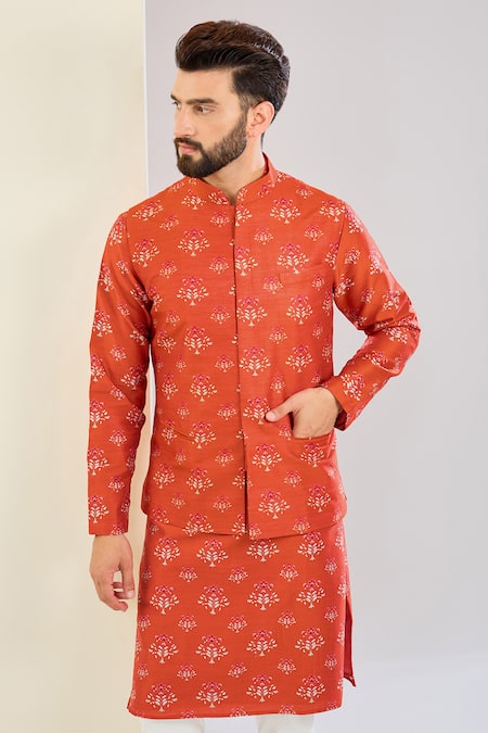 Shreyansh Designs Orange Chanderi Silk, Cotton Floral Print Bundi Set Online at Aza Fashions Shreyansh Designs_Orange Chanderi Silk, Cotton Floral Print Bundi Set _Online_at_Aza_Fashions