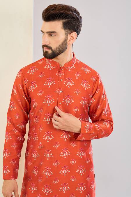 Shreyansh Designs Orange Chanderi Silk Printed Kurta Set Online at Aza Fashions Shreyansh Designs_Orange Chanderi Silk Printed Kurta Set _Online_at_Aza_Fashions