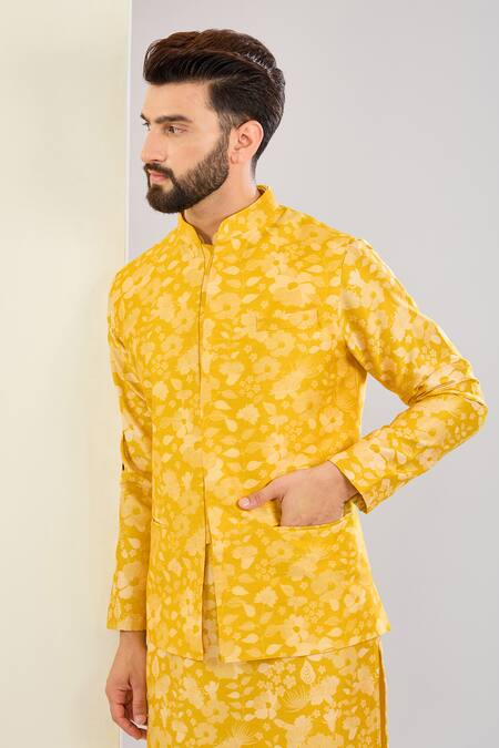 Shreyansh Designs_Yellow Chanderi Silk Floral Bundi Set _Online_at_Aza_Fashions