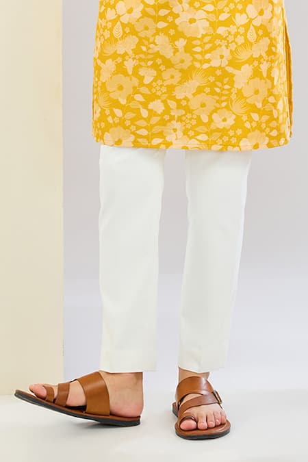 Shreyansh Designs_Yellow Chanderi Silk Embroidery Floral Print Kurta Set _Online_at_Aza_Fashions