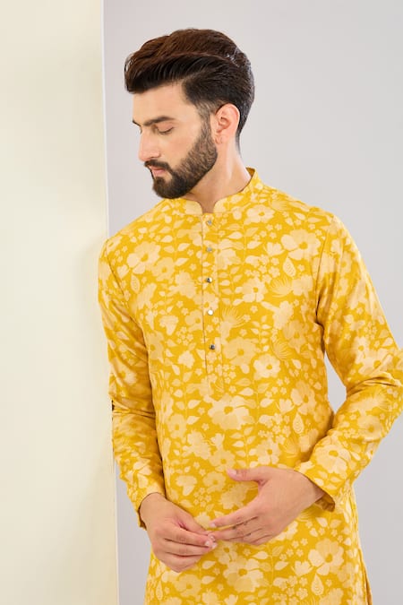 Buy_Shreyansh Designs_Yellow Chanderi Silk Embroidery Floral Print Kurta Set _Online_at_Aza_Fashions