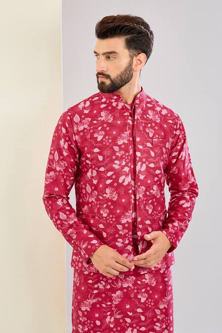 Buy_Shreyansh Designs_Maroon Chanderi Silk Embroidery Floral Print Bundi Set _Online_at_Aza_Fashions