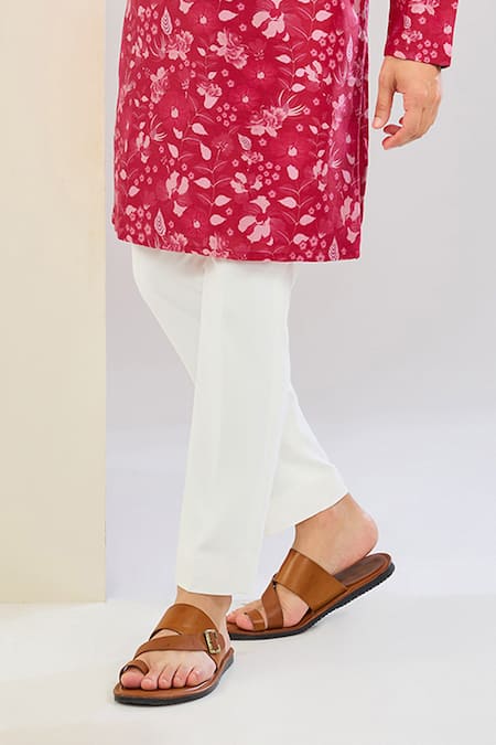 Shreyansh Designs_Maroon Chanderi Silk Floral Printed Kurta Set _Online_at_Aza_Fashions