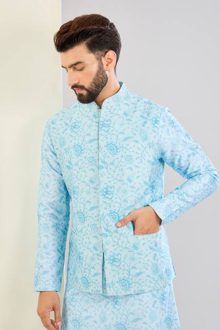 Buy_Shreyansh Designs_Blue Chanderi Silk Floral Print Bundi Set _Online_at_Aza_Fashions