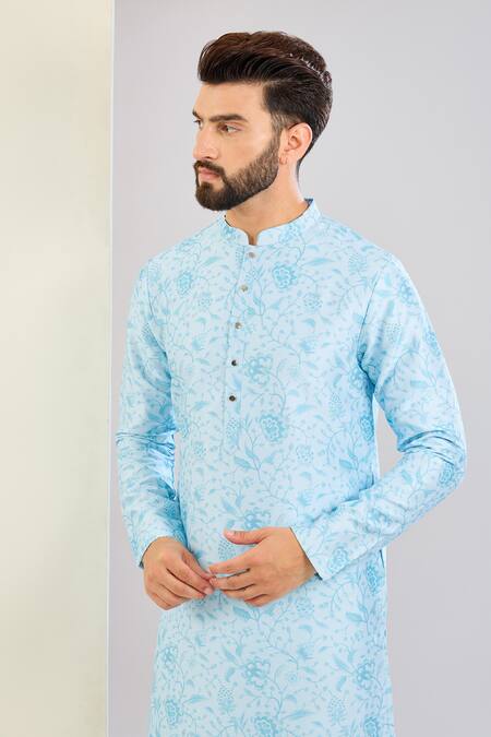 Buy_Shreyansh Designs_Blue Chanderi Silk Embroidery Floral Print Kurta Set _Online_at_Aza_Fashions
