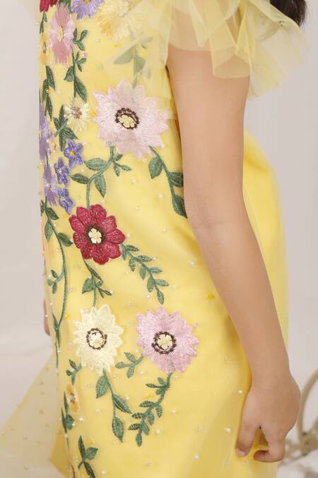 Stella Rossa By Les Petits Yellow Satin Embroidery, Beads Floral Dress Online at Aza Fashions Stella Rossa By Les Petits_Yellow Satin Embroidery, Beads Floral Dress_Online_at_Aza_Fashions