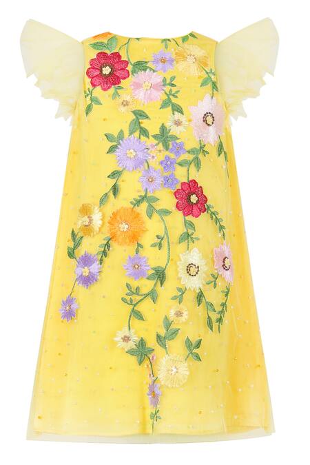 Shop Stella Rossa By Les Petits Yellow Satin Embroidery, Beads Floral Dress Online at Aza Fashions Shop_Stella Rossa By Les Petits_Yellow Satin Embroidery, Beads Floral Dress_Online_at_Aza_Fashions