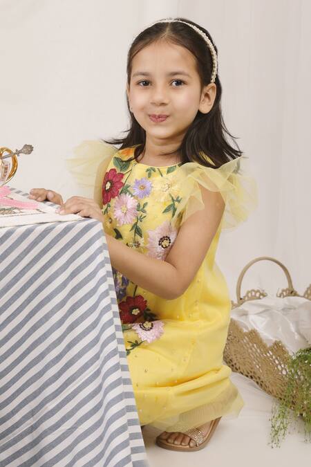 Shop Stella Rossa By Les Petits Yellow Satin Embroidery, Beads Floral Dress at Aza Fashions Shop_Stella Rossa By Les Petits_Yellow Satin Embroidery, Beads Floral Dress_at_Aza_Fashions