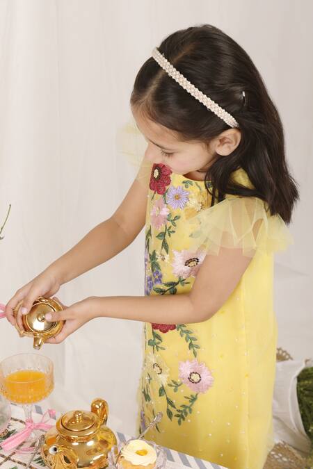 Stella Rossa By Les Petits Yellow Satin Embroidery, Beads Floral Dress at Aza Fashions Stella Rossa By Les Petits_Yellow Satin Embroidery, Beads Floral Dress_at_Aza_Fashions
