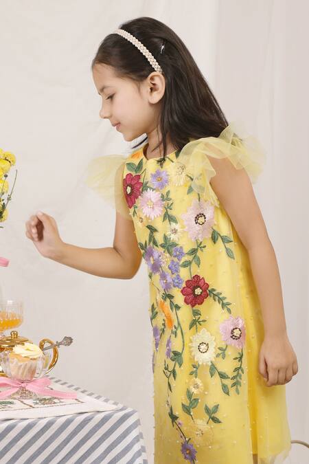 Shop Stella Rossa By Les Petits Yellow Satin Embroidery, Beads Floral Dress Shop_Stella Rossa By Les Petits_Yellow Satin Embroidery, Beads Floral Dress