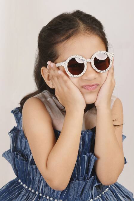 Stella Rossa By Les Petits Blue Cotton, Organza Pearls Tiered Ruffle Dress Online at Aza Fashions Stella Rossa By Les Petits_Blue Cotton, Organza Pearls Tiered Ruffle Dress_Online_at_Aza_Fashions