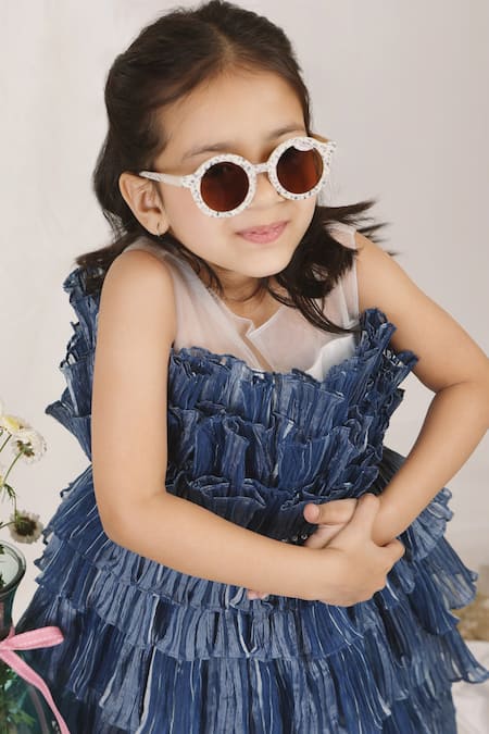 Buy Stella Rossa By Les Petits Blue Cotton, Organza Pearls Tiered Ruffle Dress Online at Aza Fashions Buy_Stella Rossa By Les Petits_Blue Cotton, Organza Pearls Tiered Ruffle Dress_Online_at_Aza_Fashions