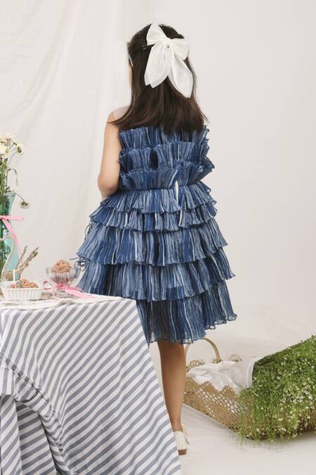 Shop Stella Rossa By Les Petits Blue Cotton, Organza Pearls Tiered Ruffle Dress at Aza Fashions Shop_Stella Rossa By Les Petits_Blue Cotton, Organza Pearls Tiered Ruffle Dress_at_Aza_Fashions