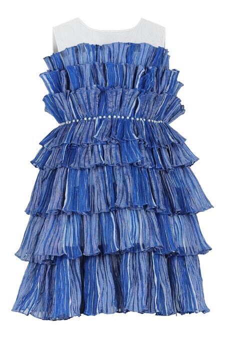 Buy Stella Rossa By Les Petits Blue Cotton, Organza Pearls Tiered Ruffle Dress Buy_Stella Rossa By Les Petits_Blue Cotton, Organza Pearls Tiered Ruffle Dress
