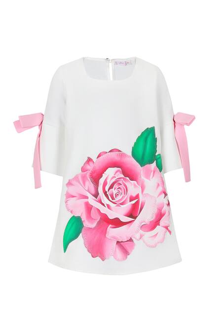 Shop Stella Rossa By Les Petits White Rose Painted Dress With Bow Sleeves Online at Aza Fashions Shop_Stella Rossa By Les Petits_White Rose Painted Dress With Bow Sleeves_Online_at_Aza_Fashions