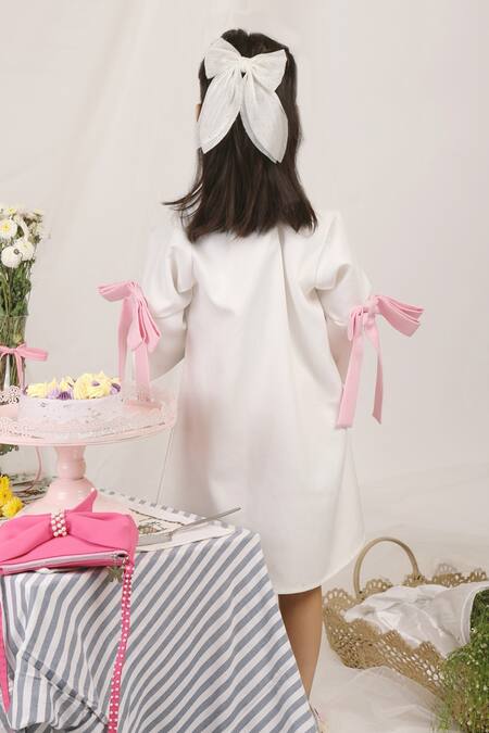 Shop Stella Rossa By Les Petits White Rose Painted Dress With Bow Sleeves at Aza Fashions Shop_Stella Rossa By Les Petits_White Rose Painted Dress With Bow Sleeves_at_Aza_Fashions