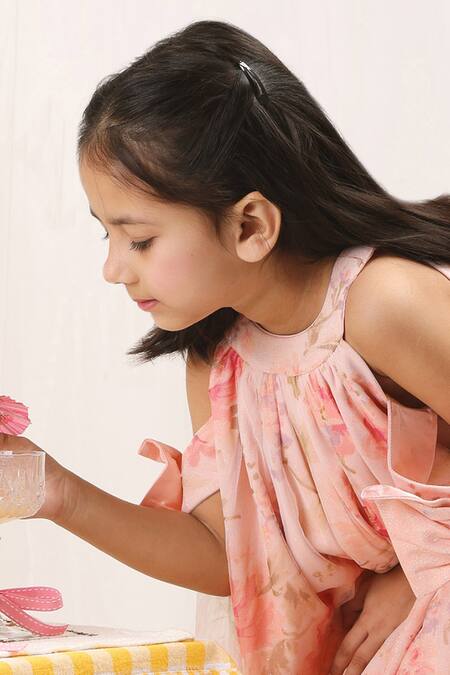 Shop Stella Rossa By Les Petits Pink Satin Bows Floral Cold Shoulder Strap Dress at Aza Fashions Shop_Stella Rossa By Les Petits_Pink Satin Bows Floral Cold Shoulder Strap Dress_at_Aza_Fashions