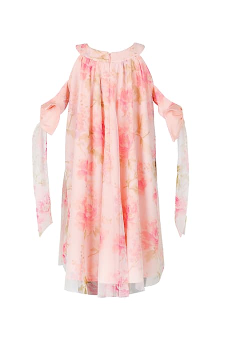 Buy Stella Rossa By Les Petits Pink Satin Bows Floral Cold Shoulder Strap Dress Online at Aza Fashions Buy_Stella Rossa By Les Petits_Pink Satin Bows Floral Cold Shoulder Strap Dress_Online_at_Aza_Fashions