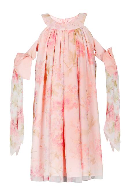 Stella Rossa By Les Petits Pink Satin Bows Floral Cold Shoulder Strap Dress at Aza Fashions Stella Rossa By Les Petits_Pink Satin Bows Floral Cold Shoulder Strap Dress_at_Aza_Fashions