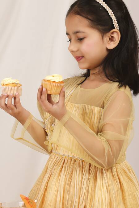 Stella Rossa By Les Petits Gold Satin Embroidery Pleated Dress Online at Aza Fashions Stella Rossa By Les Petits_Gold Satin Embroidery Pleated Dress_Online_at_Aza_Fashions