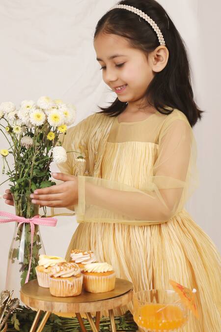 Buy Stella Rossa By Les Petits Gold Satin Embroidery Pleated Dress Online at Aza Fashions Buy_Stella Rossa By Les Petits_Gold Satin Embroidery Pleated Dress_Online_at_Aza_Fashions