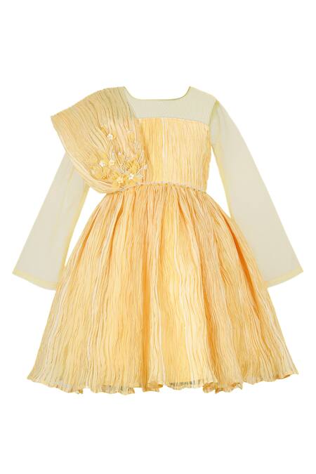 Shop Stella Rossa By Les Petits Gold Satin Embroidery Pleated Dress Online at Aza Fashions Shop_Stella Rossa By Les Petits_Gold Satin Embroidery Pleated Dress_Online_at_Aza_Fashions