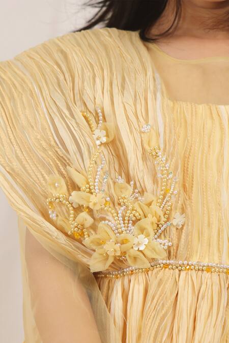 Stella Rossa By Les Petits Gold Satin Embroidery Pleated Dress at Aza Fashions Stella Rossa By Les Petits_Gold Satin Embroidery Pleated Dress_at_Aza_Fashions