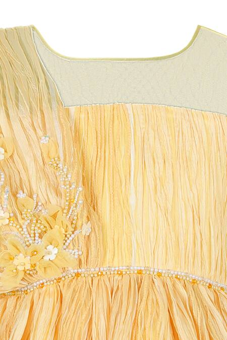 Shop Stella Rossa By Les Petits Gold Satin Embroidery Pleated Dress Shop_Stella Rossa By Les Petits_Gold Satin Embroidery Pleated Dress