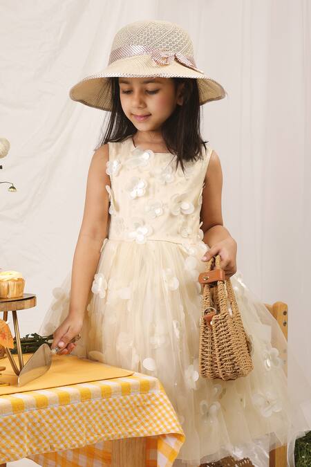 Shop Stella Rossa By Les Petits Ivory Satin, Tulle Applique Blossom Dress at Aza Fashions Shop_Stella Rossa By Les Petits_Ivory Satin, Tulle Applique Blossom Dress_at_Aza_Fashions