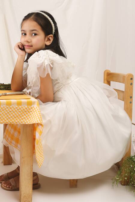 Shop Stella Rossa By Les Petits White Satin Embroidery Angelic Grace Dress at Aza Fashions Shop_Stella Rossa By Les Petits_White Satin Embroidery Angelic Grace Dress_at_Aza_Fashions