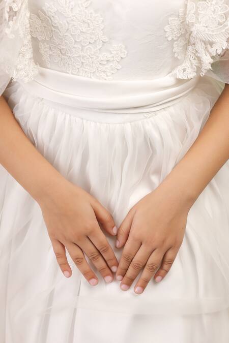 Shop Stella Rossa By Les Petits White Satin Embroidery Angelic Grace Dress Shop_Stella Rossa By Les Petits_White Satin Embroidery Angelic Grace Dress