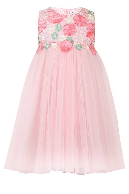 Shop Stella Rossa By Les Petits Pink Satin Applique Embroidered Dress at Aza Fashions Shop_Stella Rossa By Les Petits_Pink Satin Applique Embroidered Dress_at_Aza_Fashions