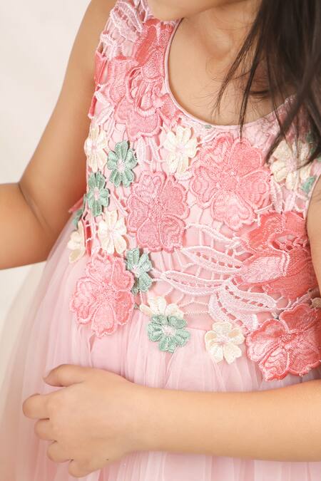 Shop Stella Rossa By Les Petits Pink Satin Applique Embroidered Dress Online at Aza Fashions Shop_Stella Rossa By Les Petits_Pink Satin Applique Embroidered Dress_Online_at_Aza_Fashions